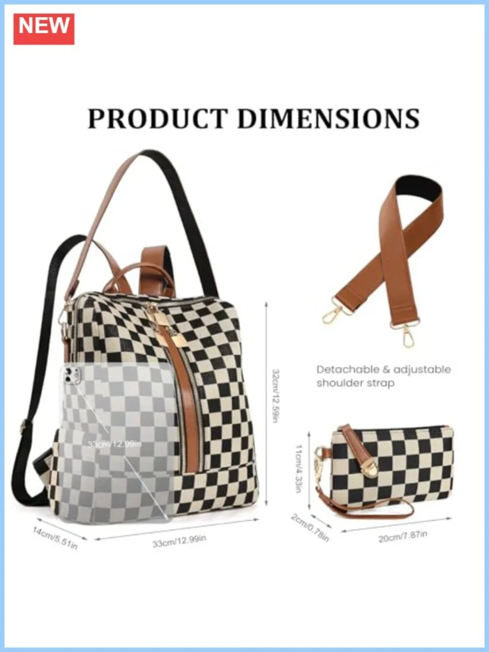 Checkered Backpack Purse for Women Plaid Canvas PU Leather Travel Daypack